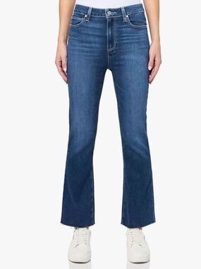 Size 28 PAIGE Claudine High-Rise Flare Jeans – Dark Wash – Raw Hem